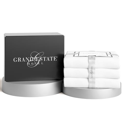 3-Piece Bulk Pack Cotton-Rich Flat Sheets for Hotels, Spas, Salons - Soft & Silky Wrinkle-Resistant Sateen Weave White Bed Sheets (100 inches Wide x 120 inches Long) Full Size by Grand Estate Hotel