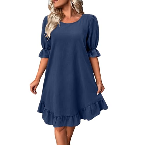 Vestido de playa para mujer, largo hasta la rodilla, manga corta, vestido con volantes, vestido de verano monocolor, ligero y aireado, vestido de muselina, suelto, línea A, vestido midi de bikini