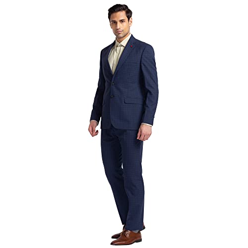Image of Raymond Men's Contemporary Fit Poly Wool Blend Notch Lapel Checks Pattern Full Sleeve Dark Blue Formal Suit
