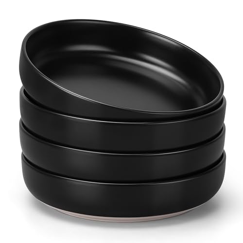 HaWare Pasta Bowls Set of 4, 33oz Large Salad Bowls for Home Kitchen, Ceramic Serving Plates for Soup, Cereal, Scratch-resistant Wide Shallow Dinner Bowl, Microwave & Dishwasher Safe, Frosting Black