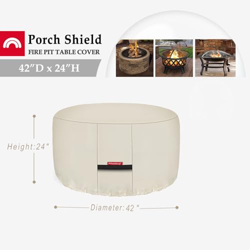 Image of Porch Shield Fire Pit Cover - Waterproof 600D Heavy Duty Fade Resistant Round Patio Fire Bowl Cover Beige - 42 inch