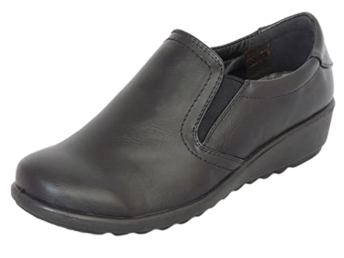Cushion Walk Chaussures compensées basses à enfiler en simili cuir noir pour femme avec panneau élastique et semelle intérieure de massage, chaussures confortables pour le travail et le bureau