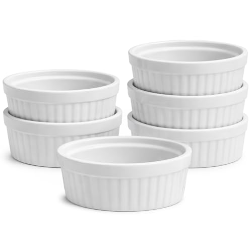 Furmaware Set of 6 Oven Safe Ramekins Porcelain Souffle Dishes for Oven Custard Cups for Salsa Baking Dessert & More (12 oz)