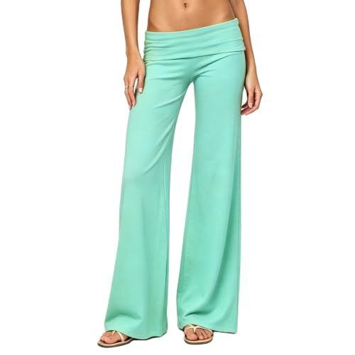 Image of Lounge Yoga Pants for Women Fold Over Low Waist Wide Leg Bell Bottoms