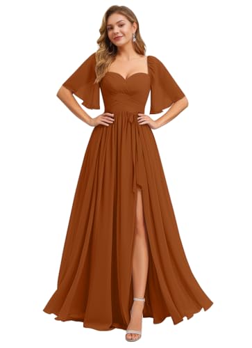 Image of IIF Women's Chiffon Bridesmaid Dresses for Wedding Flutter Sleeves Ruched A Line Long Formal Dress with Slit IIF149
