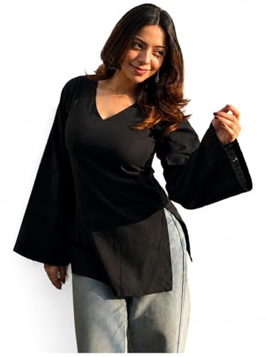 Image of ANNI Designer Short Kurti for Women Solid Design | V Neck Full Sleeve Kurti Tops for Women | Stylish Kurtis & Short Kurtis for Woman | Casual Kurti with Jeans | Kurtas for Woman