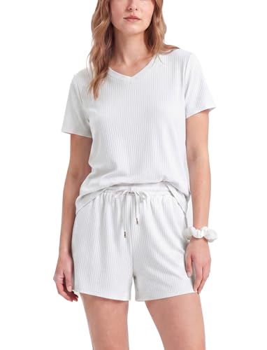 PATPAT Womens Pajama Set 2 Piece Ribbed Knit Soft Lounge Set with Pockets Short Sleeve Top and Shorts Summer Sleepwear Outfit White, XXL