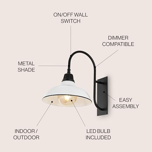 Image of JONATHAN Y 12.25 inch White /Black 1-Light Farmhouse Gooseneck Outdoor Wall Sconce Lamp, with Black Metal Bowl Shade, Industrial Iron LED Porch Light for Patio Garage Entryway JYL7614A