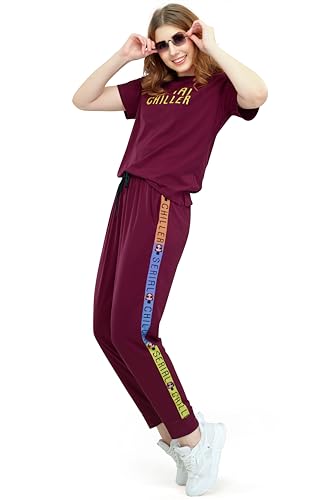 Image of ZEYO - Women's Cotton Typography Side Striped Night Suit Set of Top & Joggers Pajama Set
