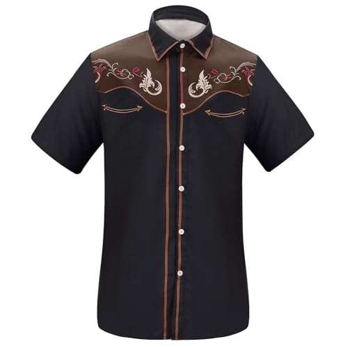 DGZTWLL Camisa vaquera bordada de manga corta para hombre, cuello abatible, tela suave y ligera para verano y uso casual, marrón, XL