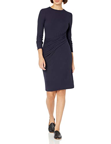 Daily Ritual Women s Rayon-Spandex Fine Rib Standard-Fit Long-Sleeve Crewneck Draped Dress, Navy, Small