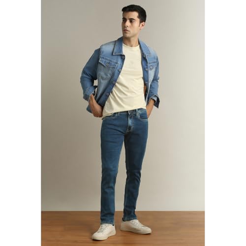 Image of Peter England Men's Slim Tapered Jeans | Denim Mid Wash | Casual Wear | Modern Fit
