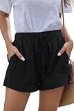 YOCUR Womens Cotton Linen Casual Comfy Shorts Drawstring Pockets Mid Waisted Cuffed Hem Retro Work Out Shorts Black M