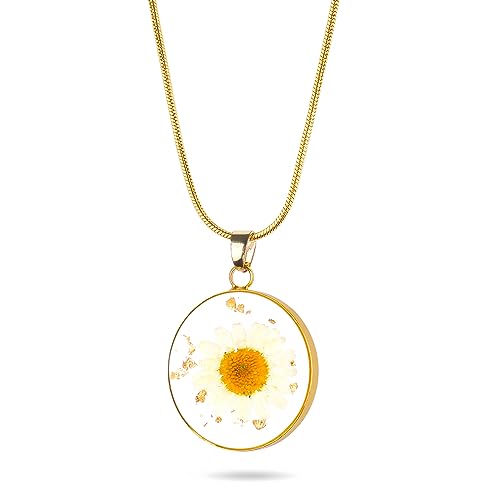 MOLUONAQI Collar con colgante de flor prensada hecha a mano, collares de flores de nacimiento para mujer con cadena chapada en oro como regalo único para graduación, Resina, No es una piedra preciosa