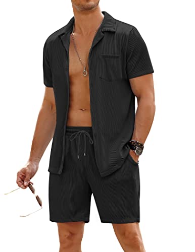 COOFANDY Men's 2 Pieces Shirt Sets Short Sleeve Casual Button Down Hippie T-Shirts Shorts Sets Summer Fashion Beach Outfits