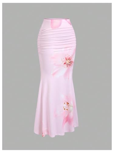 Milumia Women's Floral Print Ruched Long Skirt Fishtail Bodycon Maxi Skirts2