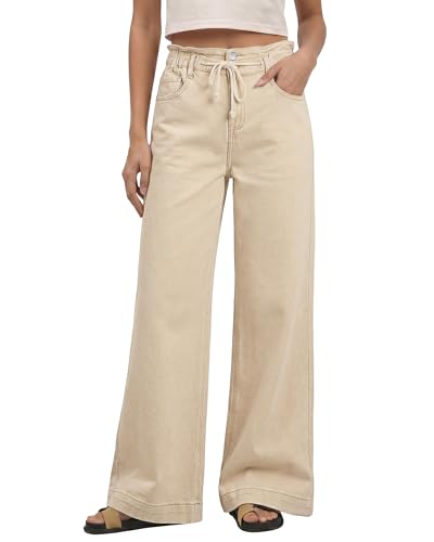 GRAPENT Wide Leg Jeans for Women Stretch High Wasited Elastic Waist Bell Bottom Baggy Y2K Pants Almond Milk Large