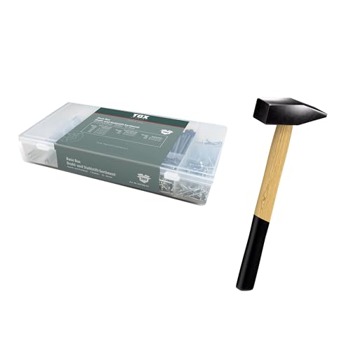 Surtido de alambre y clavos de acero TOX (580 piezas) + martillo de carpintero de 300 g con mango de fresno, clavos con cabeza aplanada y avellanada, 9 tamaños habituales, 094909141