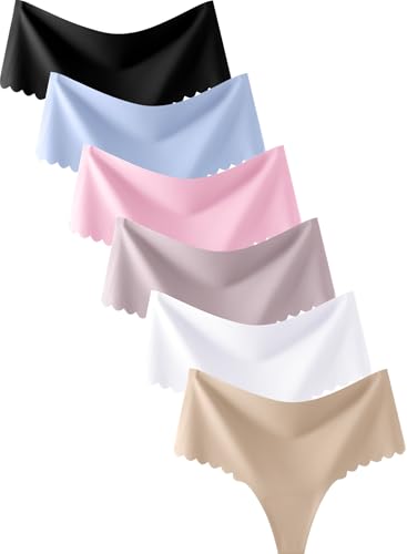 Image of ALL OF SHE Thongs for Womens High Waisted Seamless Underwear for Women 6 Pack Wave Edge No Show Sexy Panties