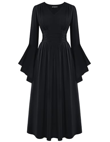 Piratenkostüm Damen Renaissance Kleider Mittelalter Langarm Korsett Maxikleid Festliche Kleider Trachtenkleid Schwarz S