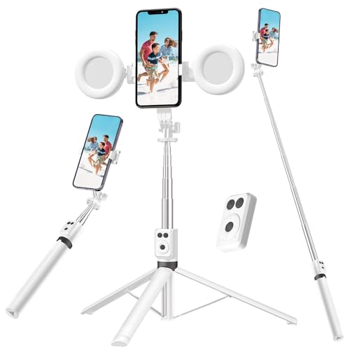 Image of Selfie Stick Tripod with Fill Light, Phone Selfie Stick,Durable Stainless Steel Design,Bluetooth Remote Control,and Stable Three-Legged Support for Live Broadcasts,Video Shooting (White)