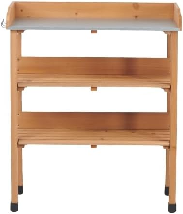 30″x14.5″×35.5″ Potting Table w/Metal Tabletop, 3 Layers Outdoor Work Bench w/Hook for Garden, Solid Wood Workstation for Garage