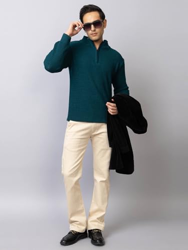Image of TYSORT Men High Neck Zipper Full Sleeve Waffle Knitted Winter Sweater,Waffle Knit Sweater for Men