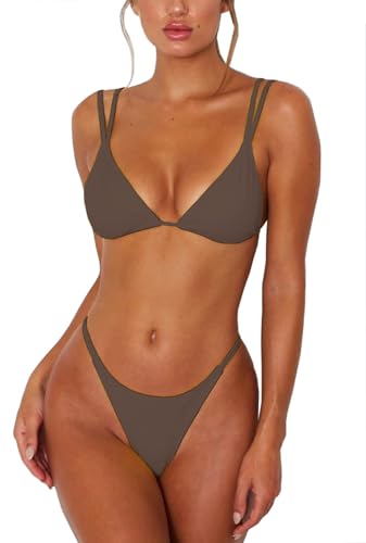 Image of Women's Sexy Thong Bottom Two Piece Bikini Double Shoulder Straps Cute Swimsuit Triangle Bathing Suit