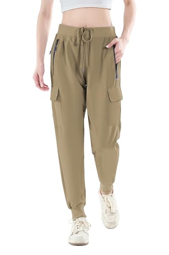 Daspkuwy Regenhose Damen Capris Elastische Taille Leicht Damen Arbeitshose UPF 50+ Schnell Trocknend Angeln Camping Joggen Segelhose (Khaki,XXL)