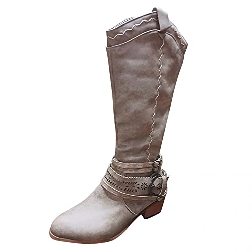Hbeylia Knee High Western Cowboy Cowgirls Boots For Women Vintage Boho Lace Leather Pointed Toe Chunky Block Mid Heels Knee Length Long Boots With Side Zip Fashion Winter Fall Dress Tall Boots3