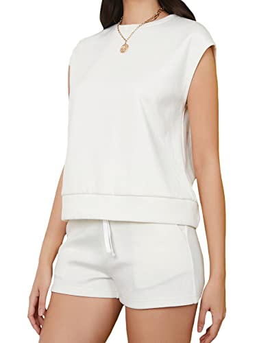 Verdusa Women's 2 Piece Outfit Tracksuit Cap Sleeve Tee Top And Track Short Set White L #TOP2
