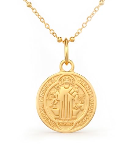Only faith Collar Medalla de San Benito, Acero Inoxidable 316L, cadena de 45 cm, Disponible en Dorado y Plateado, 2 Estilos (San Benito Artesanal Dorado)