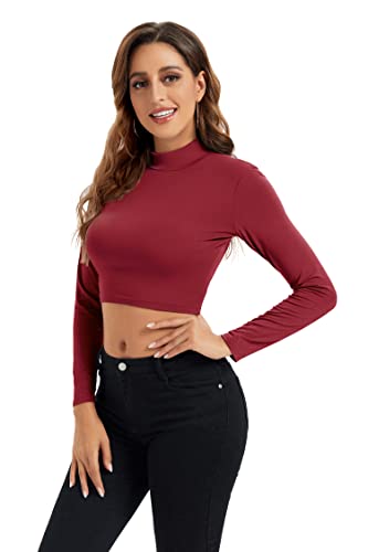 Image of Womens Long Sleeve Crop Tops Lightweight Mock Neck Base Layer Shirts
