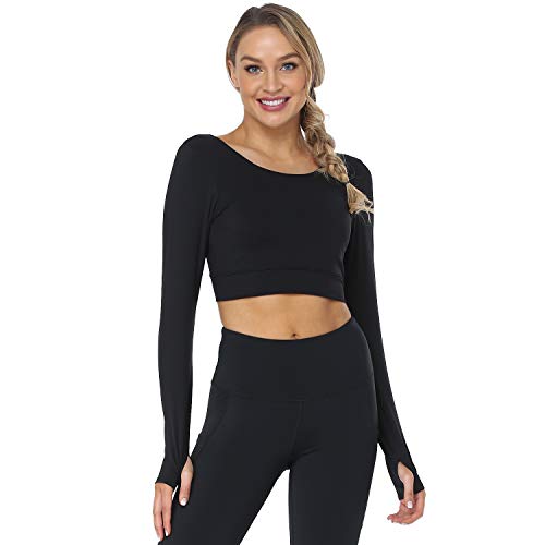Cordaw Women Long Sleeve Ballet Crop Top Workout Dance Tops Cropped Sweater Gym Athletic Shirts Build in Bra with Thumbholes2