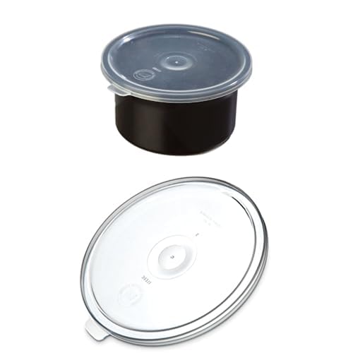 Bundle of Carlisle FoodService Products Classic Round Storage Container Crock with Lid, Plastic, 6 Quarts, Black, (Pack of 12) + Replacement Lids, Plastic, 1.2 Quarts, Clear, (Pack of 12)