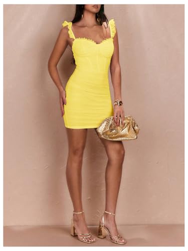 Image of Floerns Women's Lace Trim Sweetheart Neck Ruched Corset Dress Sleeveless Mini Pencil Dresses