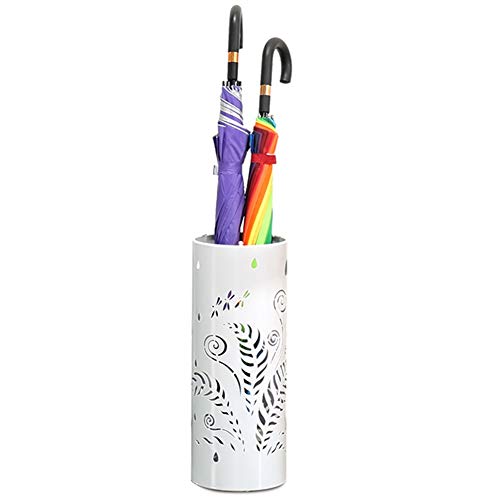 Porte-parapluie blanc en métal creux avec 3 crochets et bac d'égouttage pour l'entrée