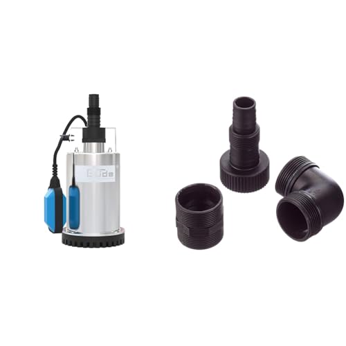Güde 94606 GFS 4000 INOX Flachsaugerpumpe Tauchpumpe (400W, 700 l/h Fördervolumen, IG 1 ½“ Anschlussgewinde), schwarz, blau, edelstahl & 94539 Pumpenanschlussstutzen 1 1/2 Zoll (1 Stück)