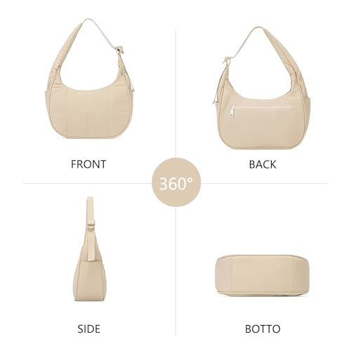 Image of Small Puffer Bag, Crescent Shoulder Bag for Women,Nylon Quilted Tote Handbags with Adjustable Strap (Khaki+ Cosmetic Bag)
