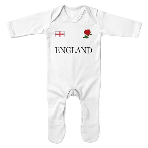 Purple Print House England Baby Rompersuit Sleepsuit Boys Girls Rugby St Georges Badge Nations Gift, 3-6 Months, White
