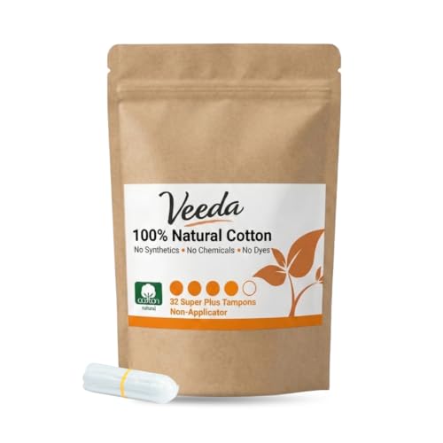 Veeda 100% Natural Cotton Compact Tampons Super Plus Absorbency - Non-Applicator Tampons with leak proof protection - Unscented, Chlorine & Toxin Free - 32 Count