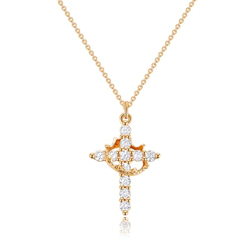 Robaice Gold Cross Necklace for Women, 14K Gold Plated Crown Cross Pendant Necklace Cross Necklaces Faith Jewelry First Communion Necklace, Gold