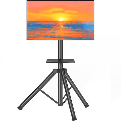 Tripod TV Stand with Shelf for 23-75 inch TVs up to 100 lbs, Outdoor TV Stand with ±15° Tilt, Height Adjustable Portable TV Tripod with Safety Design, Max VESA 600x400m