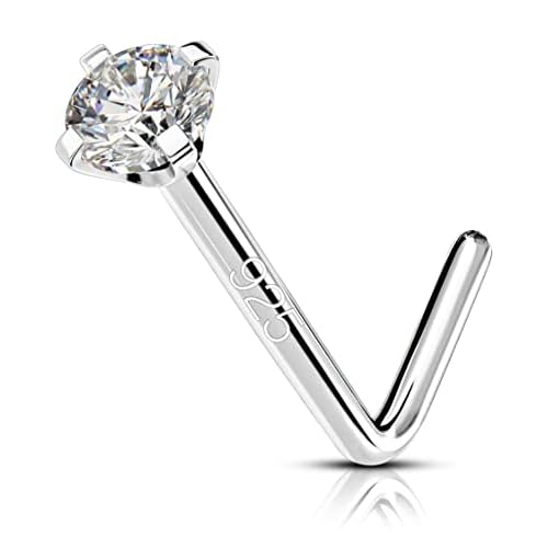 OUFER 925 Sterling Silver Nose Studs, Bone L Screw Shaped Nose Rings, 20G Nostril Solid 2mm Round CZ Nose Piercing Jewelry for Women Men-L Shaped