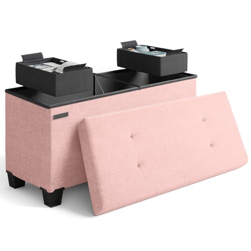Storage Ottoman Bench with Bins, 30-in Storage Bench for Bedroom End of Bed, Folding Foot Rest Ottoman for Living Room Max 660lbs, Fabric Ottomans, Pink