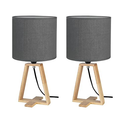 FORLIGHT Nuts (2 Unidades) Lámpara de Mesa Nórdica para Dormitorio y Salón. Lámpara para Mesita de Noche de Madera Natural y Textil de Color Gris para Dormitorio y Salón. E27
