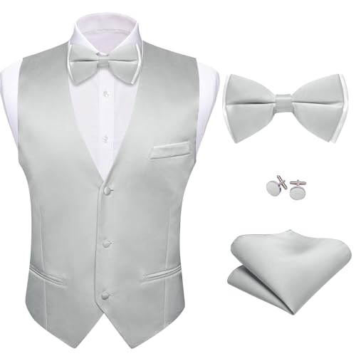 Image of Barry.Wang Mens Suit Vest Bow Tie Set 4PCS Formal V-neck Slim Fit Casual Solid Color Waistcoat Wedding Party Tuxedo
