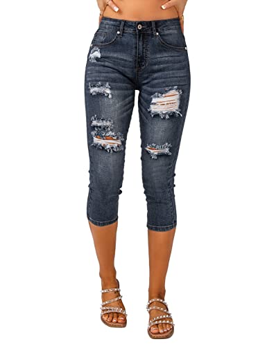Vetinee Women's High Waisted Casual Ripped Skinny Slim Fit Stretch Denim Capri Jeans4
