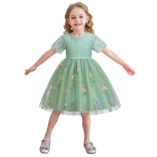 Vestido festivo para niña con bordado floral, vestido de tul para verano, vestido de fiesta de cumpleaños, fiesta, boda, dama de honor, vestido de encaje de manga corta, vestido de princesa, verde