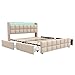 XMETPR Doppelbett mit Polster 140x200 cm, Funktionales Bettgestell mit 4 Schubladen & LED-Beleuchtung & 2 USB- & 2 AC-Ladestationen, Holzlattenrost, Leinenbezug, Plattformbett, geräuschfrei, beige